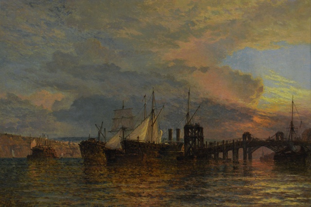 Ships off a Jetty at Sunset